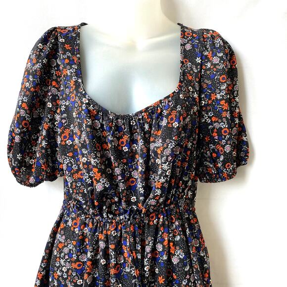 BCBGeneration Puff Sleeve Boho Floral Dress 8 Blue Orange Cottagecore Ruffle Hem - Picture 4 of 13
